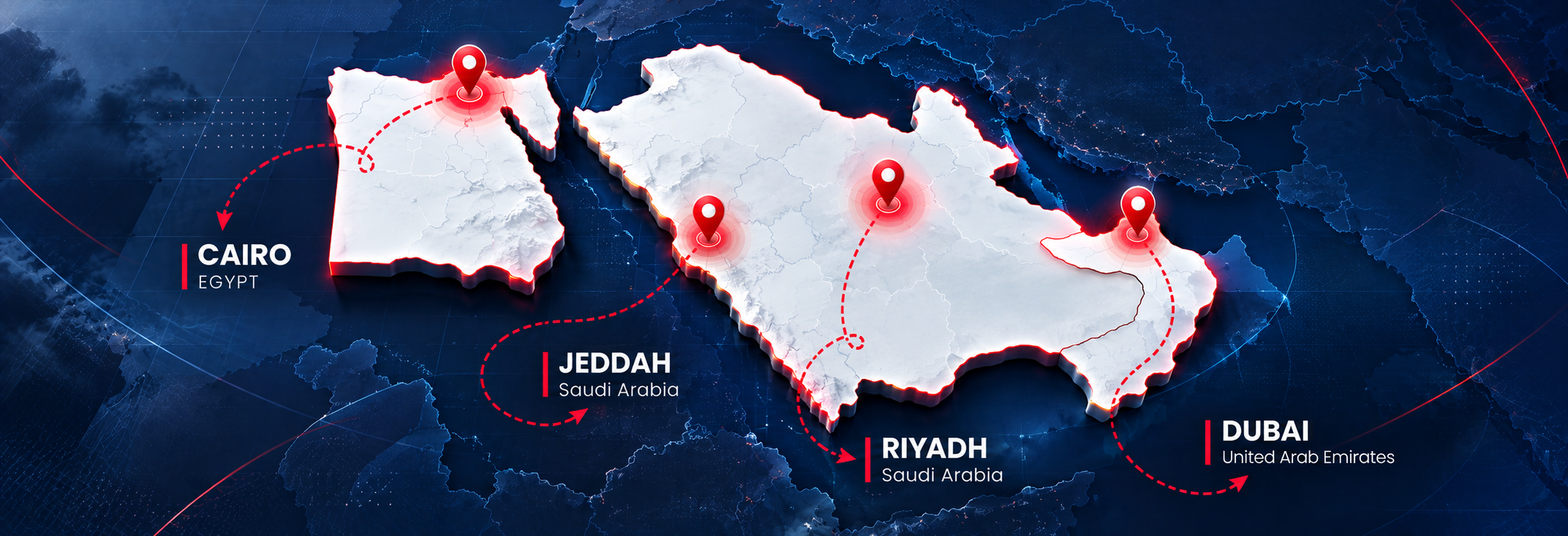 Map of Egypt, Saudi Arabia and the UAE with marked UDCT offices in Egypt, Jeddah, Riyadh and Dubai